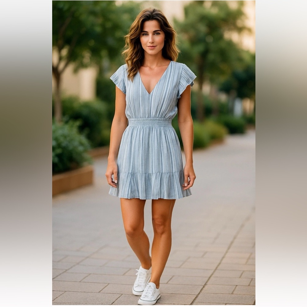Rails Light Blue Striped V‑Neck Midi Dress
